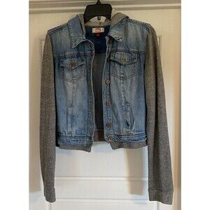 LEI Denim Hoodie Jean Jacket Women's With Heather Gray Sleeves - Size Large